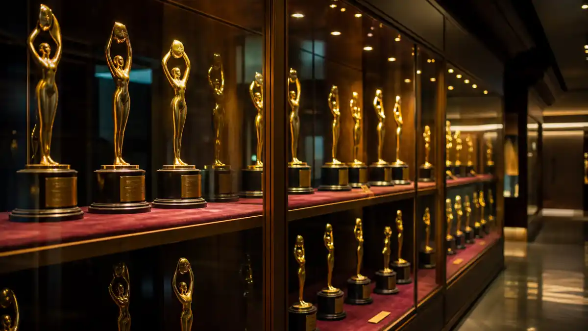 What is an Oscar statue made of — generic golden award statuettes displayed on velvet shelves under museum spotlights