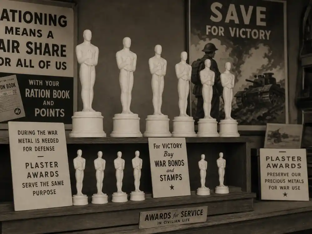 WWII-era plaster substitute statuettes tied to what is an Oscar statue made of when metal was rationed for the war effort