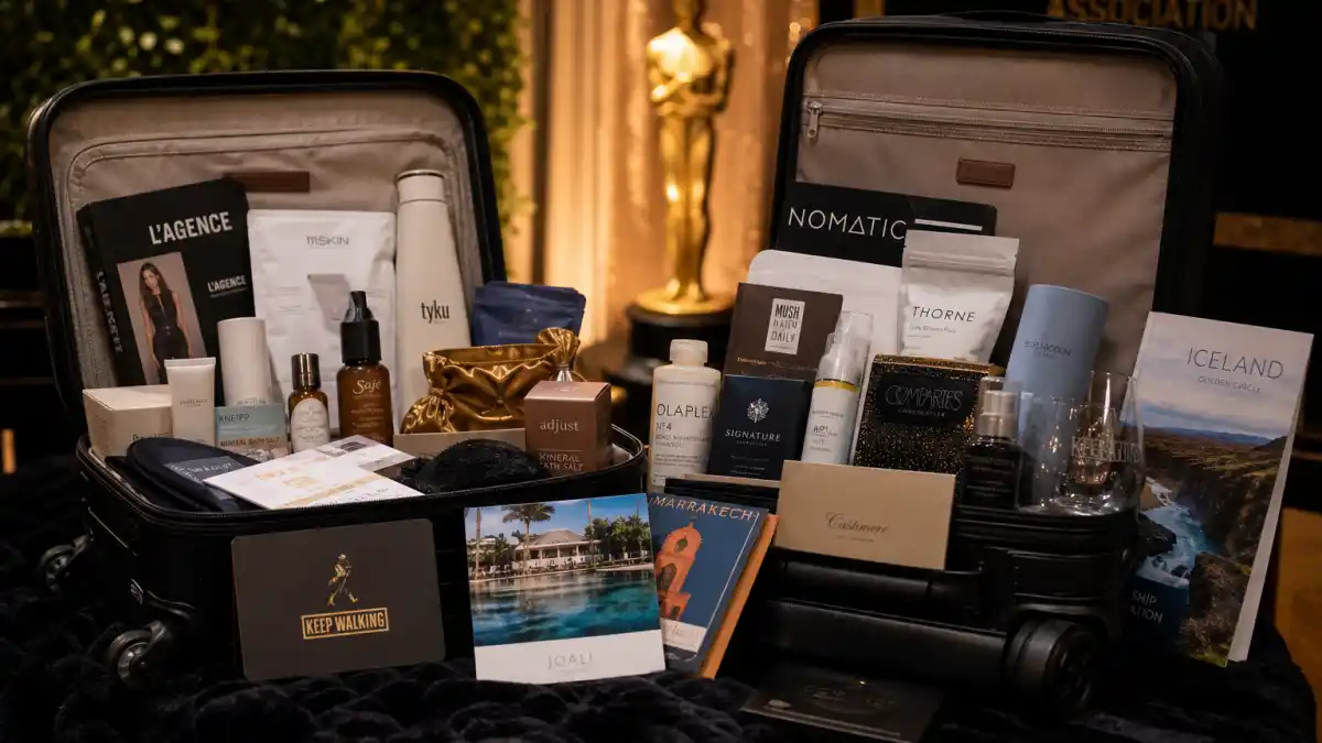 What is in award show gift bags — open luxury suitcases with Oscar-night nominee swag, skincare, travel vouchers, and golden statuette silhouette on red carpet backdrop