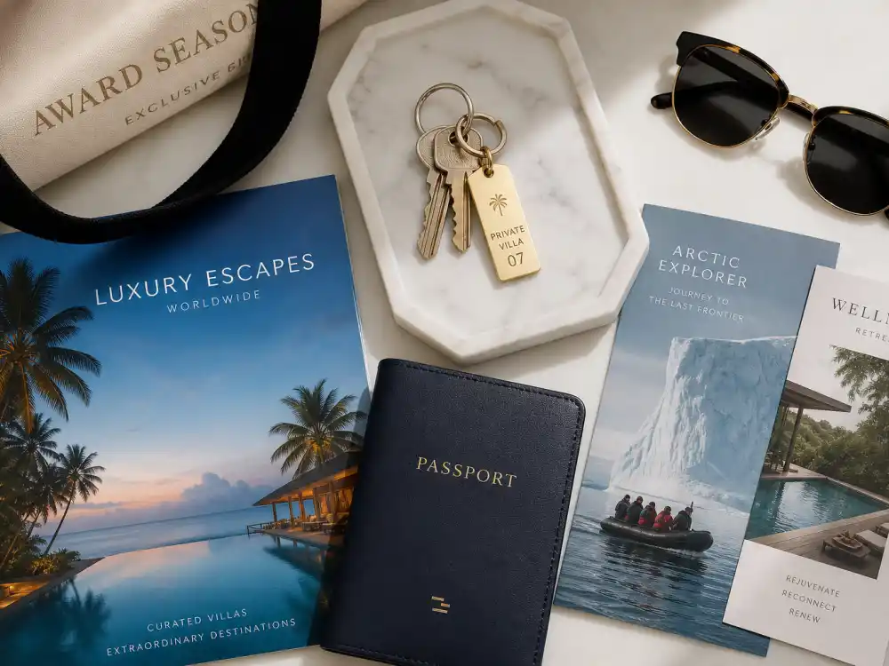 Luxury travel vouchers and resort brochures from award show gift bags — what is in award show gift bags often includes Ibiza villas and Arctic retreats worth tens of thousands on paper
