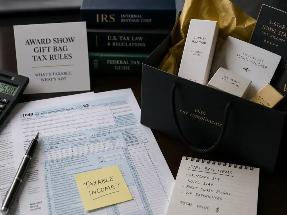 IRS tax paperwork beside luxury award show gift bag items — what is in award show gift bags may be taxable income nominees must report to the federal government