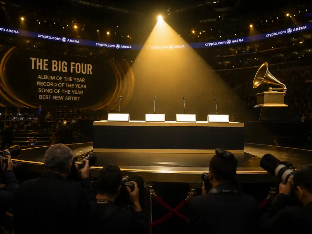 Awards winner podium at Crypto.com Arena where the 68th Grammy Big Four trophies were presented Feb. 1, 2026 in what is the big four Grammy awards
