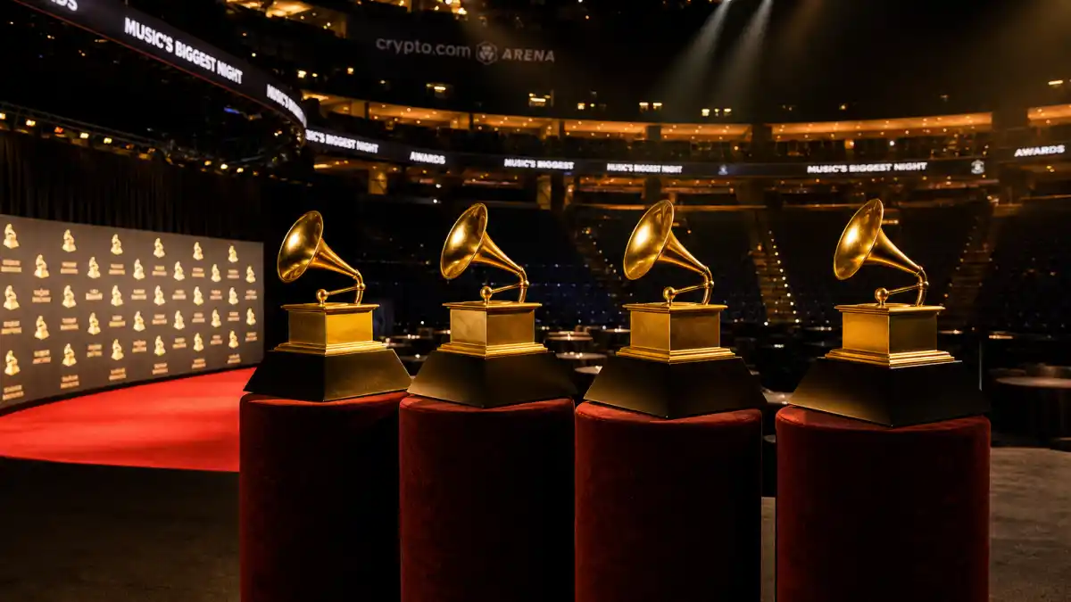 What is the big four Grammy awards — four golden statuette silhouettes on velvet pedestals at Crypto.com Arena during the 68th Grammy Awards ceremony