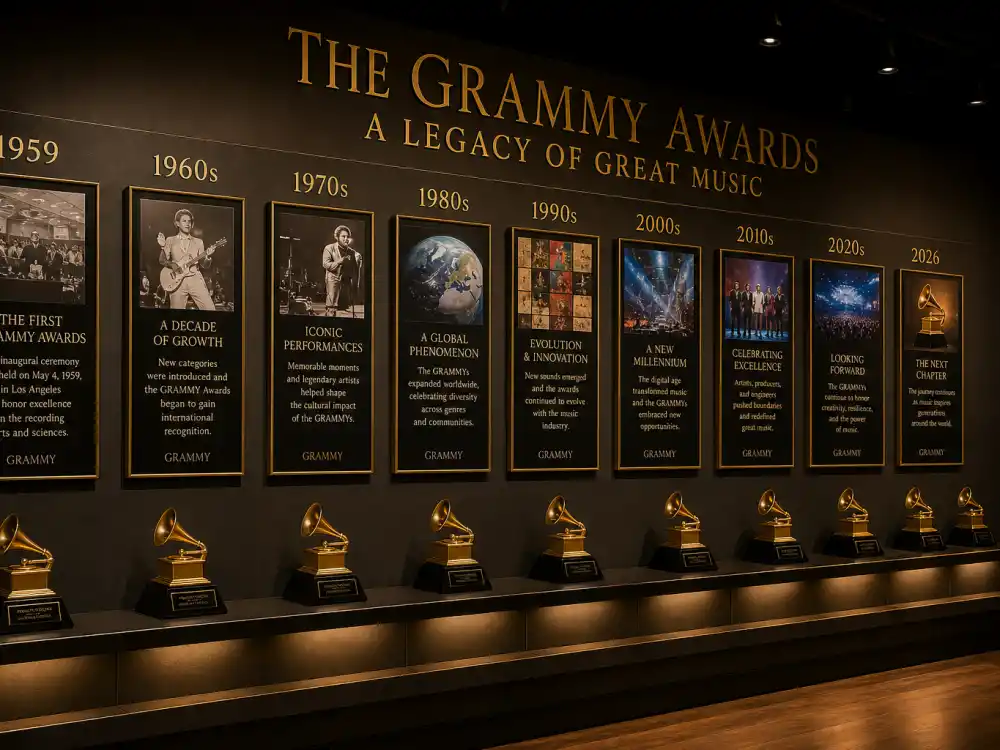 Vintage Grammy awards history wall traces how what is the big four Grammy awards evolved from the 1959 inaugural ceremony to the modern General Field