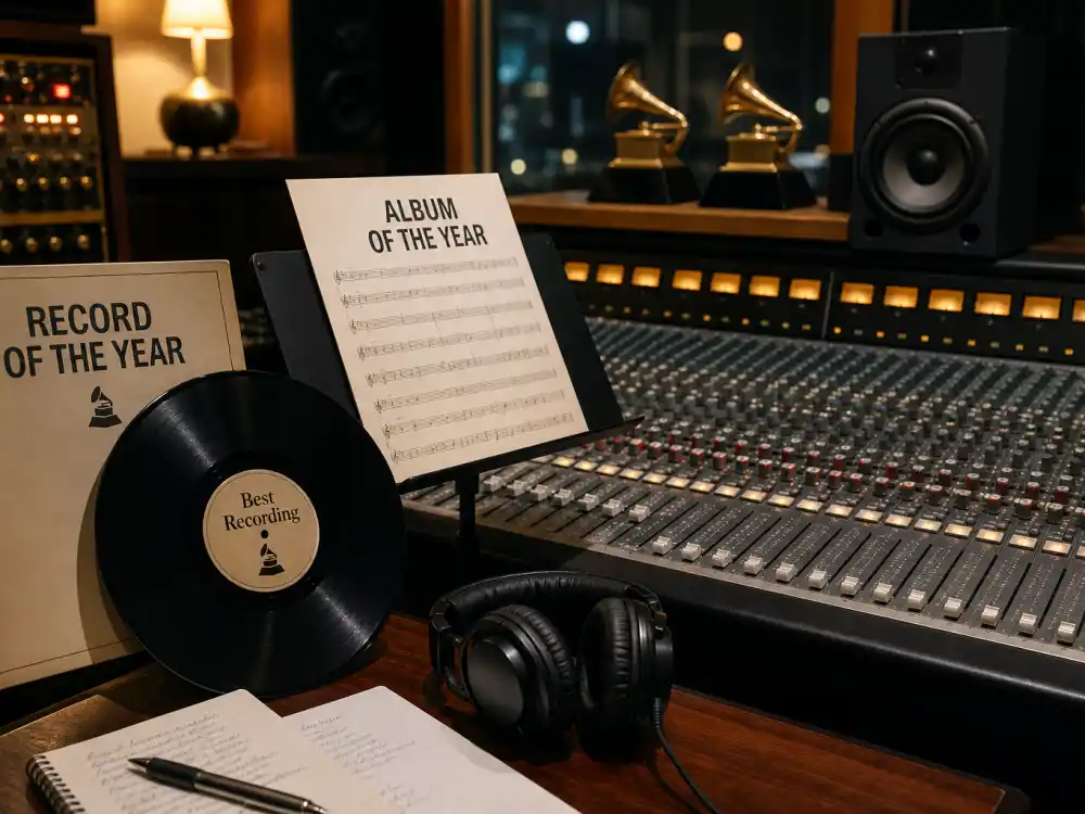 Studio mixing console with vinyl and sheet music clarifies Record of the Year versus Song of the Year versus Album of the Year in what is the big four Grammy awards