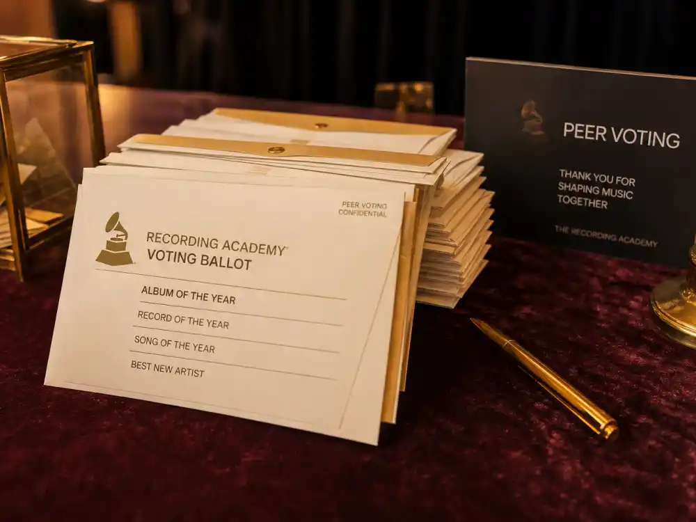 Recording Academy voting ballots on velvet table show how peer members decide what is the big four Grammy awards each ceremony cycle