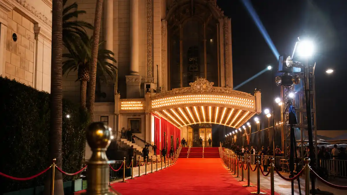 Where are the Oscars held — grand theatre exterior at night with red carpet and spotlights at the Dolby Theatre home in Hollywood