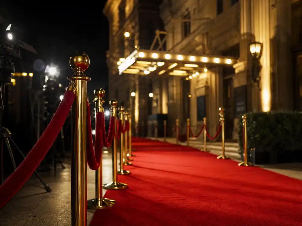 Hollywood red carpet walkway with gold stanchions showing where are the Oscars held along Hollywood Boulevard on ceremony night
