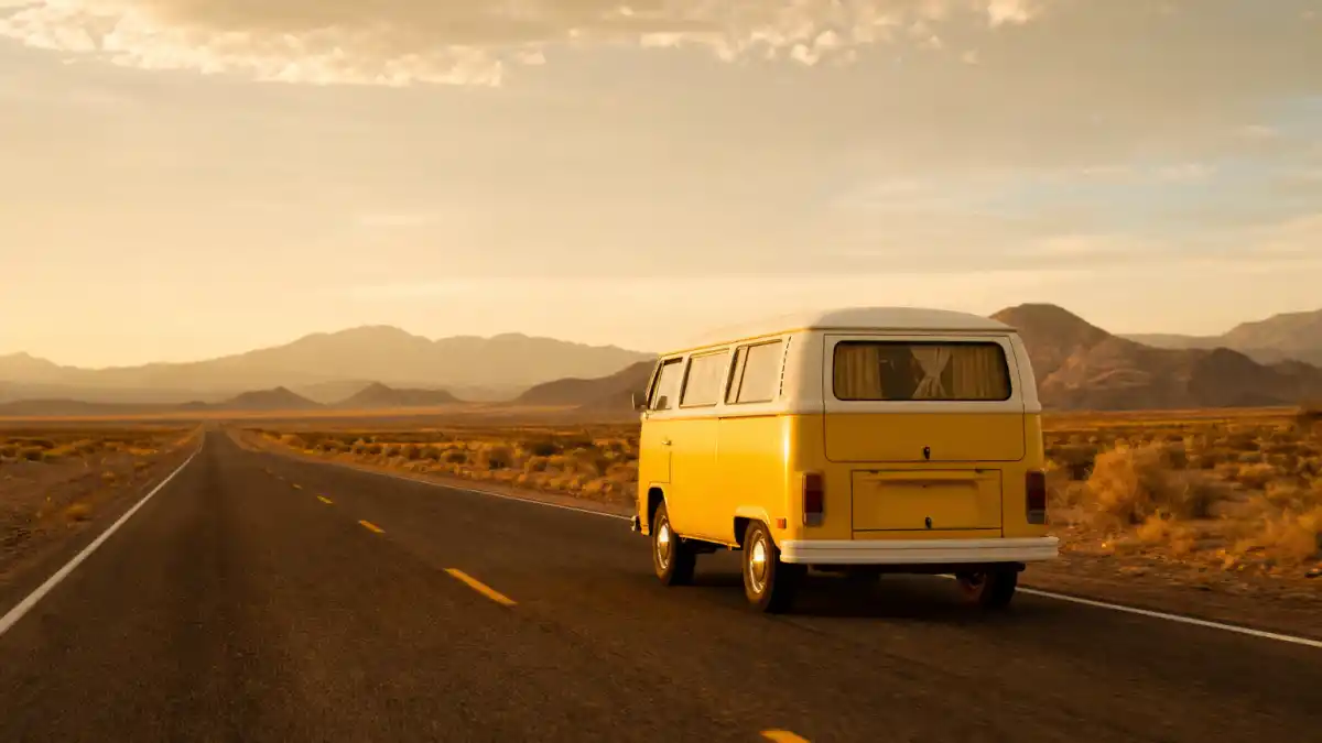 Where is Abigail Breslin now — yellow vintage microbus on a desert highway evoking Little Miss Sunshine indie film fame