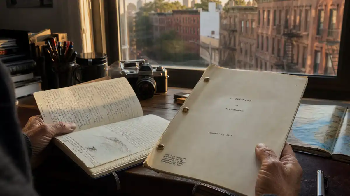 Where is Andrew McCarthy now 2026 — travel notebook and St Elmos Fire script on a desk overlooking NYC brownstones