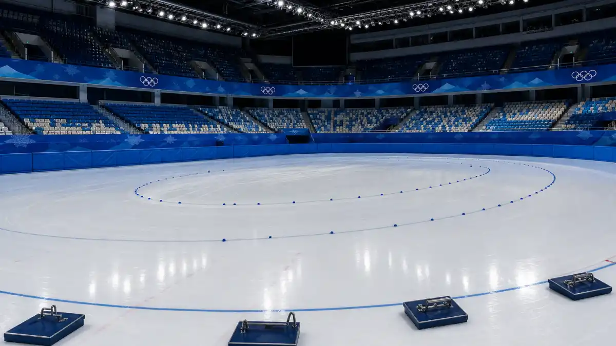 Where is Apolo Ohno now — empty Olympic short track speed skating rink with lane markers and starting blocks