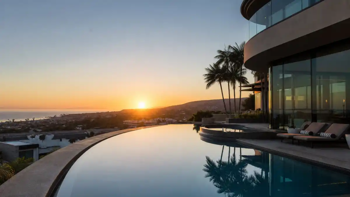 Where is Ben McKenzie now — Orange County infinity pool at golden hour evoking The O.C. Ryan Atwood era