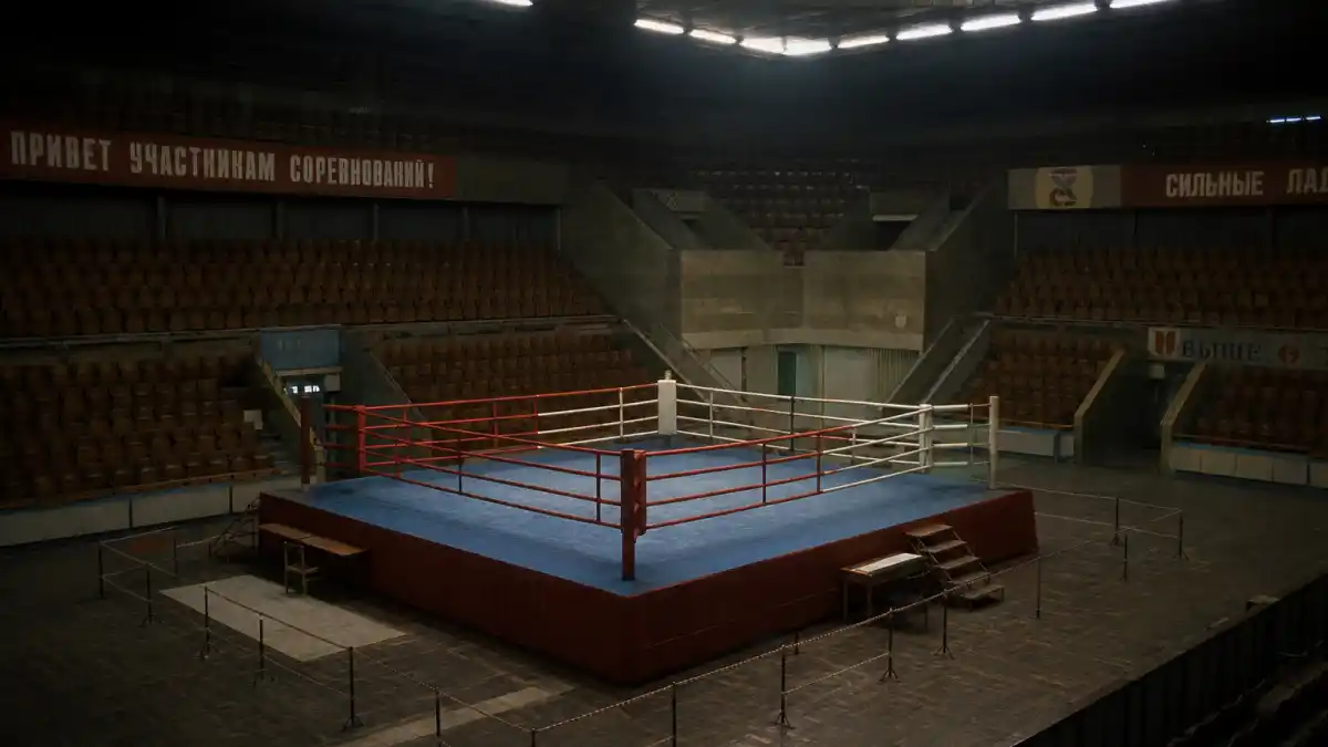 Where is Brigitte Nielsen now 2026 — Soviet-style boxing arena evoking Rocky IV Ludmilla Drago era