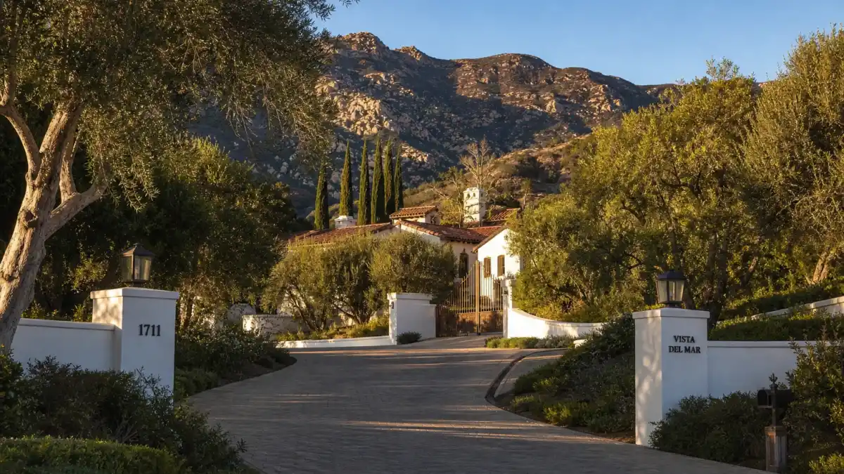 Where is Cameron Diaz now 2026 — sunlit Montecito California hillside estate driveway with olive trees