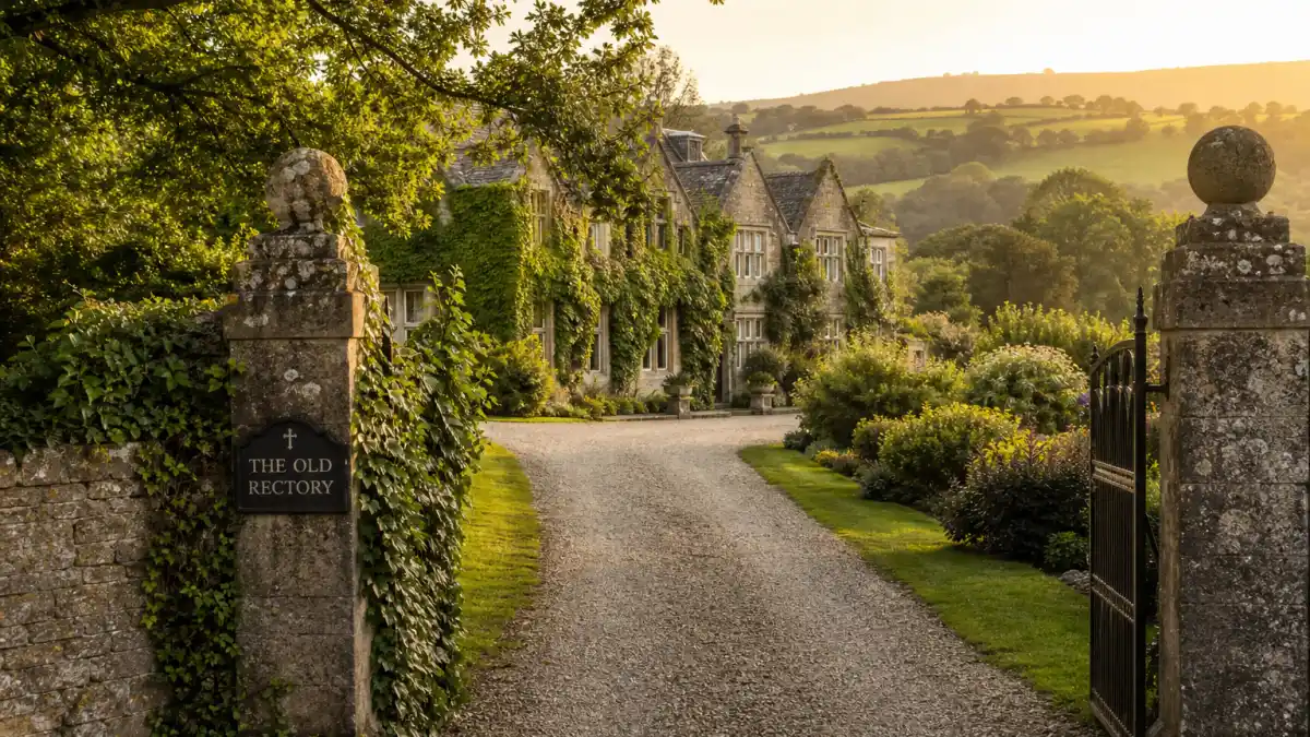 Where is Claudia Schiffer now — sunlit English countryside manor driveway evoking her UK family estate life