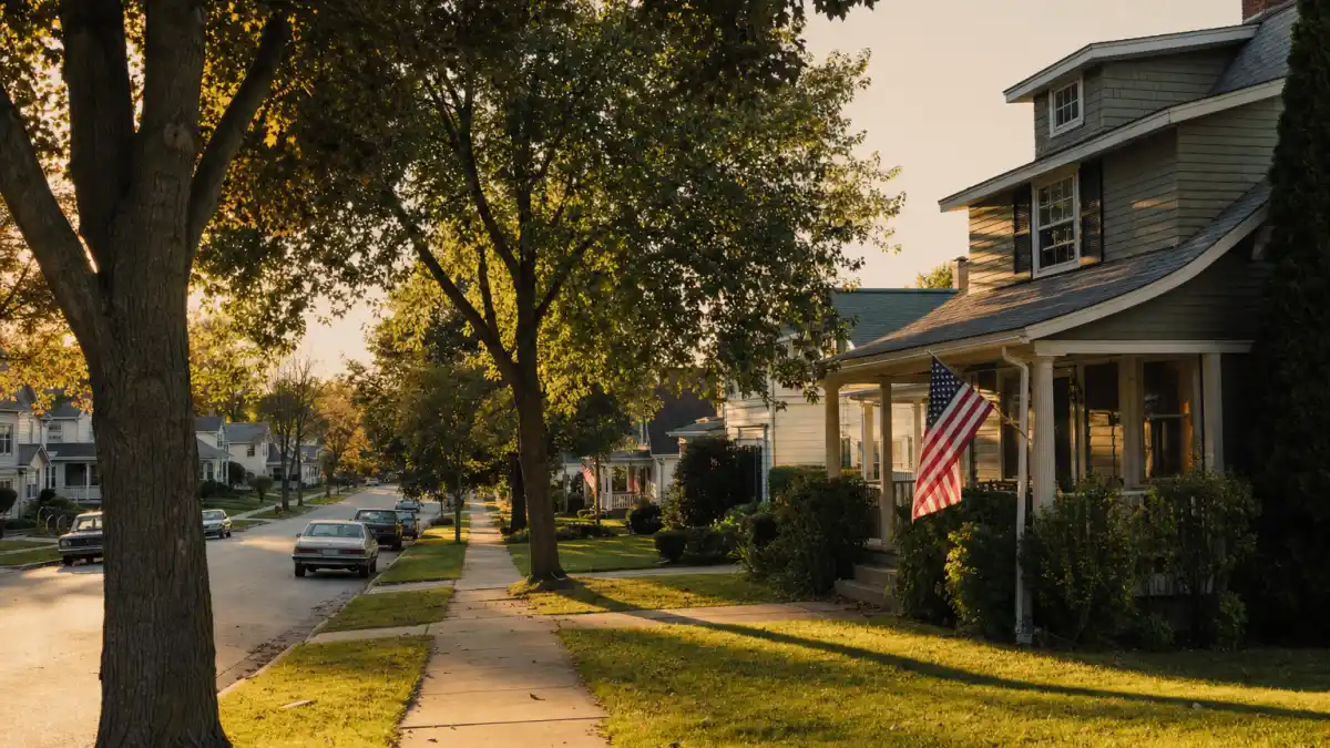 Where is Danica McKellar now 2026 — golden-hour suburban street evoking The Wonder Years nostalgia