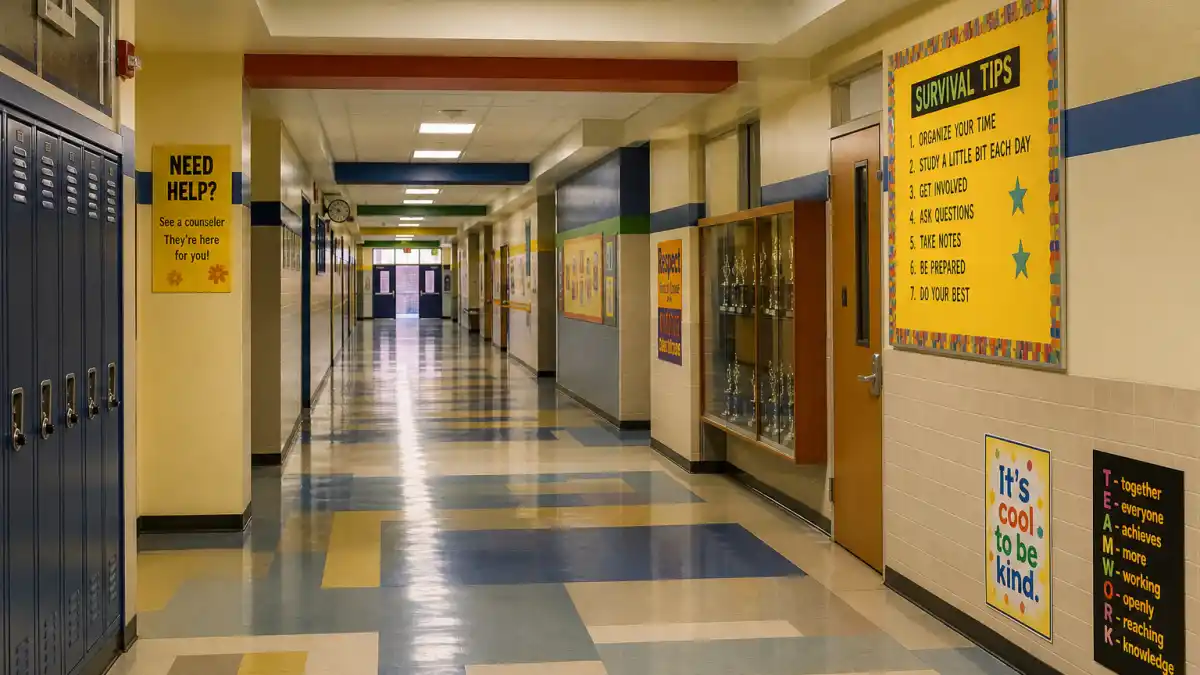 Where is Devon Werkheiser now — colorful middle school hallway evoking Ned's Declassified School Survival Guide Nickelodeon fame