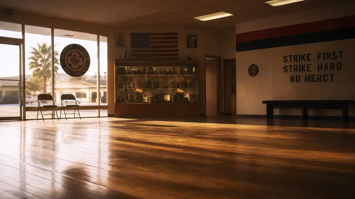 Where is Elisabeth Shue now 2026 — Cobra Kai dojo interior evoking Amanda LaRusso martial arts comeback era