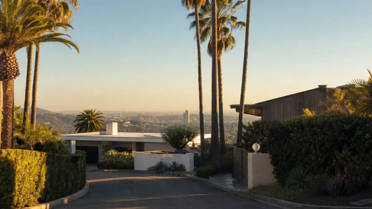 Where is Hilary Duff now 2026 — sunlit Los Angeles hillside residential street at golden hour