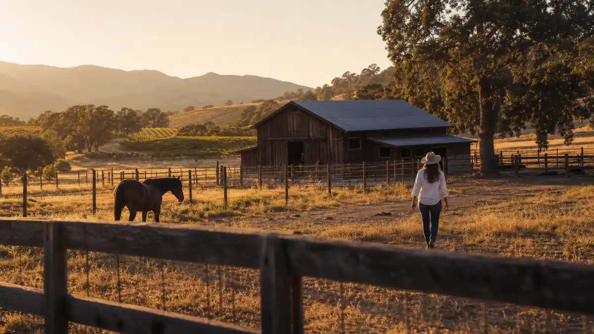 Where is Kelly LeBrock now 2026 — golden-hour California ranch evoking her Santa Barbara country life
