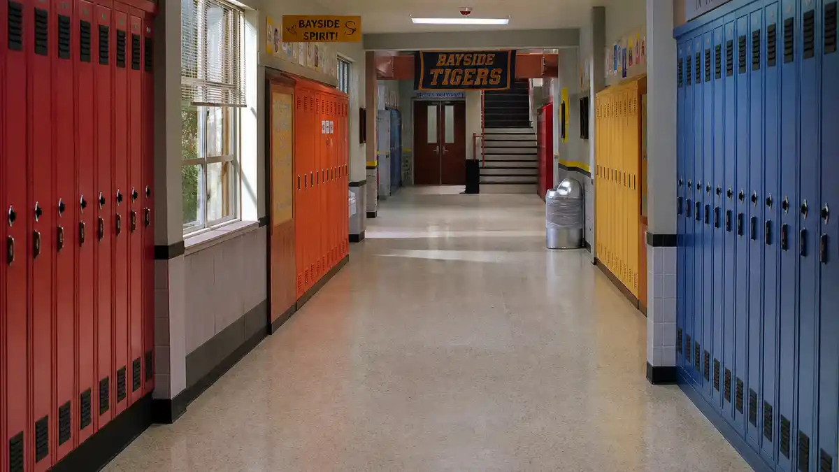 Where is Lark Voorhies now 2026 — Bayside High hallway evoking Saved by the Bell and Lisa Turtle nostalgia