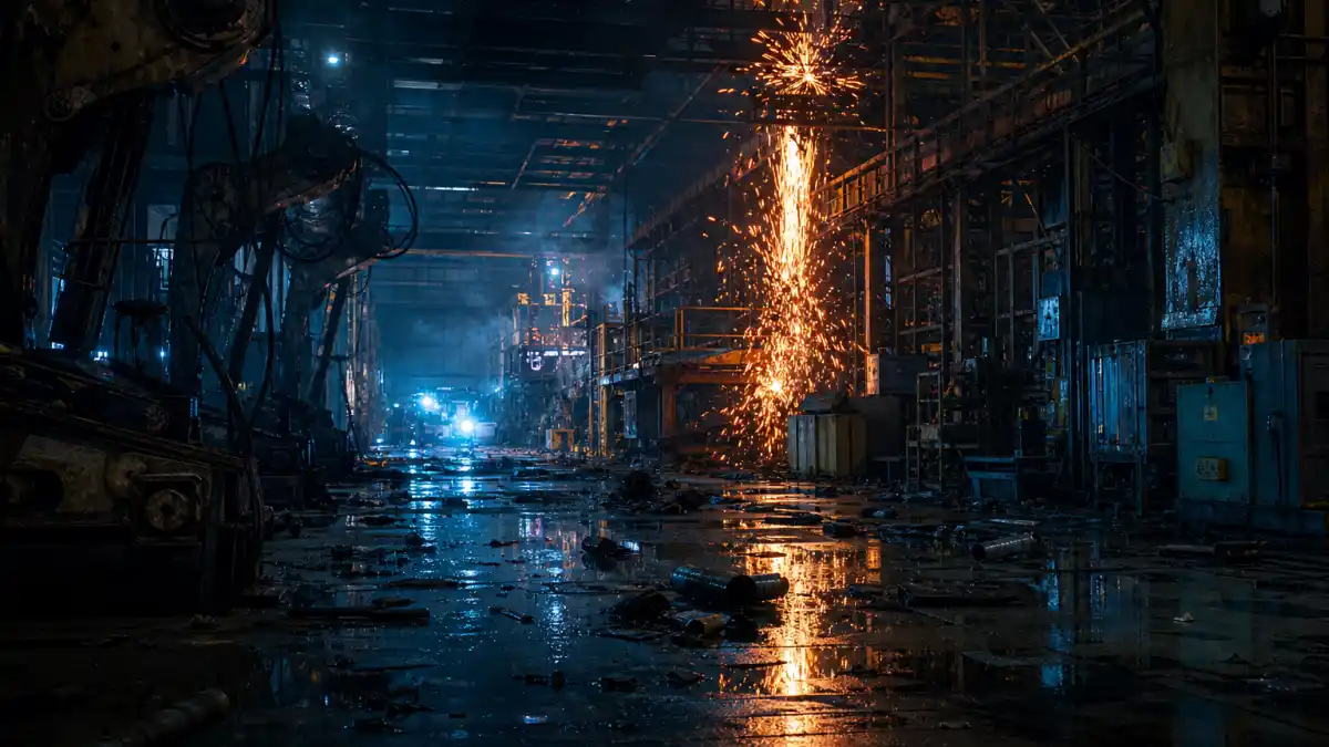 Where is Linda Hamilton now 2026 — abandoned industrial factory floor with blue emergency lights evoking Terminator Sarah Connor era