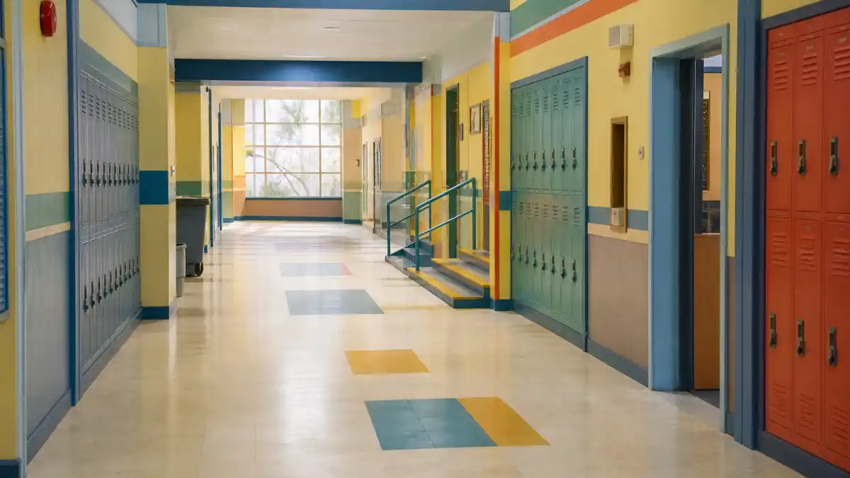 Where is Lindsey Shaw now — colorful middle school hallway evoking Ned's Declassified School Survival Guide Nickelodeon fame as Moze