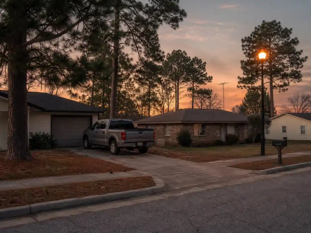 Quiet Georgia suburban street at dusk for where is Mama June now in 2026 — still rooted in the South