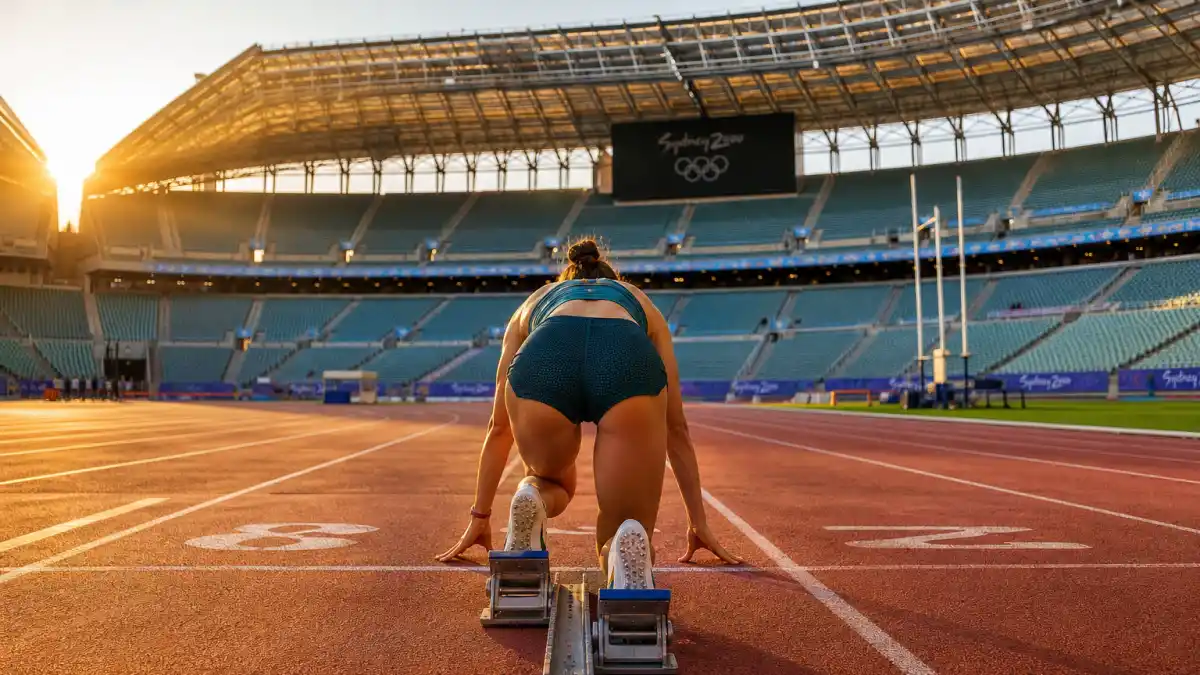 Where is Marion Jones now — Olympic stadium track with anonymous female sprinter at starting blocks