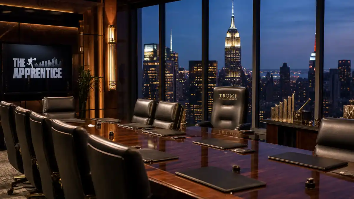Where is Omarosa now — empty Apprentice-style boardroom evoking The Apprentice reality TV fame