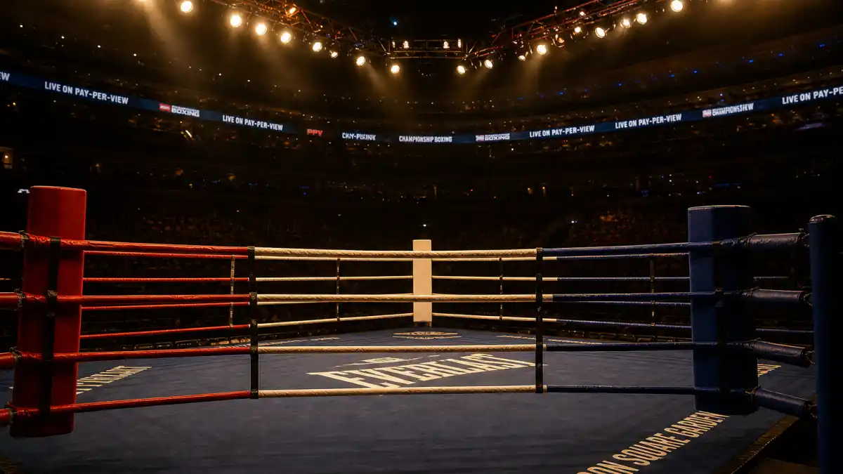Where is Oscar De La Hoya now — empty championship boxing ring under golden arena lights evoking the Golden Boy legend