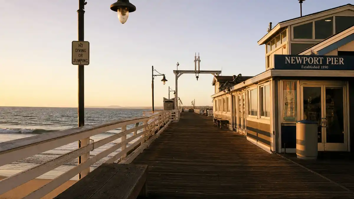 Where is Rachel Bilson now — Newport Beach pier at golden hour evoking The O.C. Summer Roberts fame era