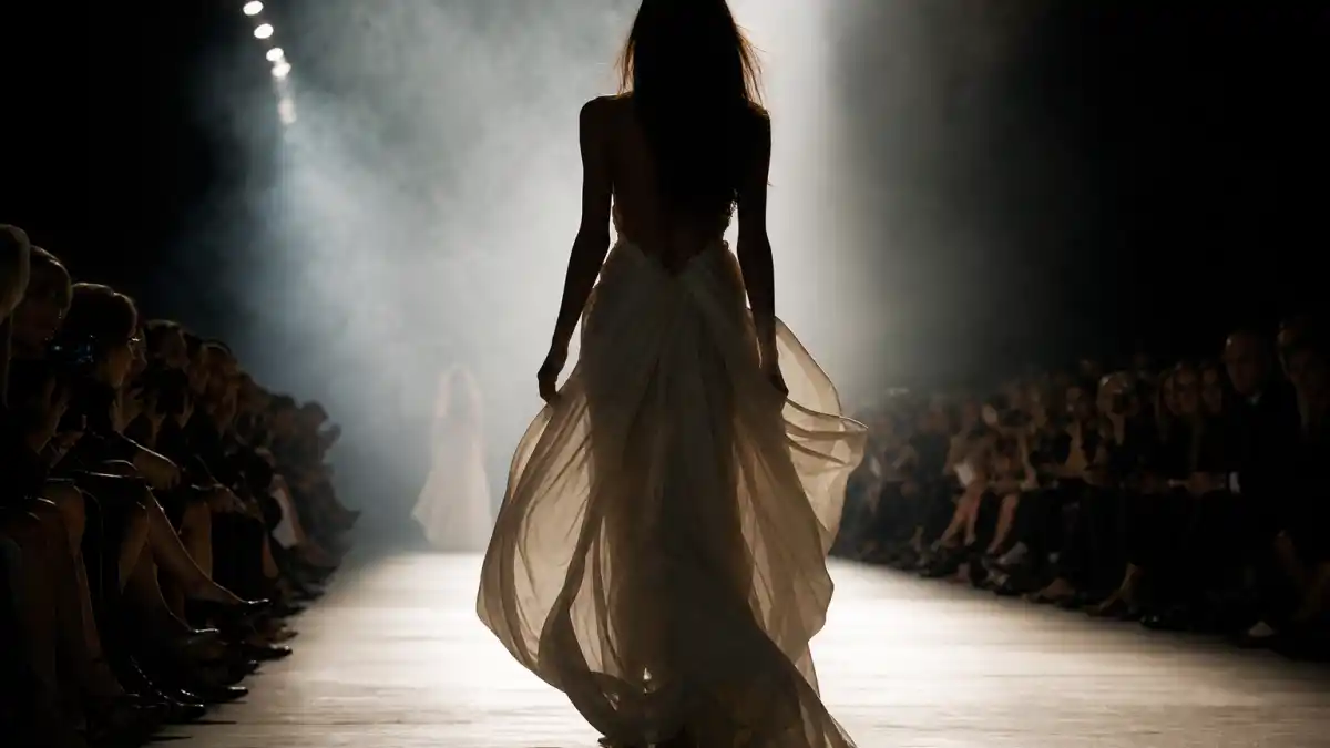 Where is Stephanie Seymour now — high-fashion runway with anonymous supermodel silhouette in dramatic spotlights