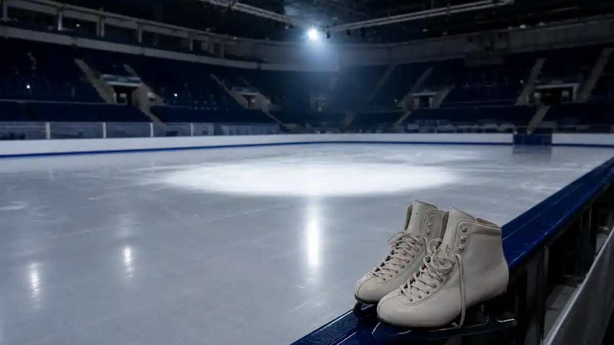 Where is Tonya Harding now — empty Olympic figure skating rink with white skates on rink boards