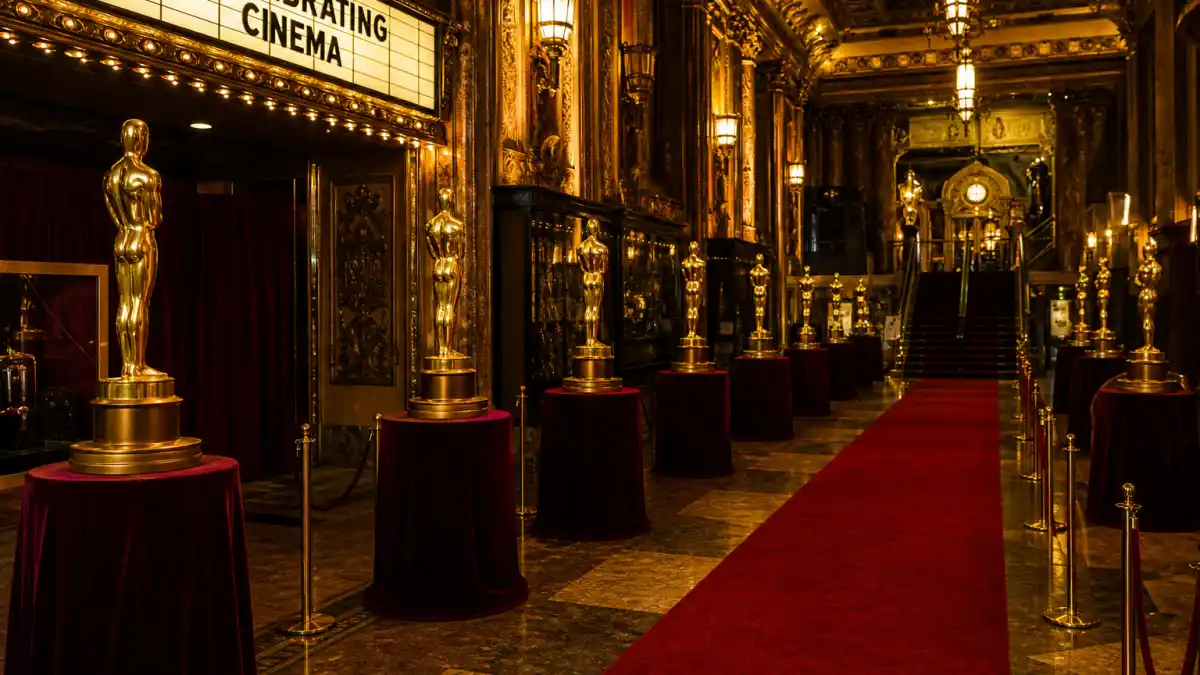 Who has won the most Oscars ever — grand awards theatre lobby with golden statuette display evoking all-time Academy records
