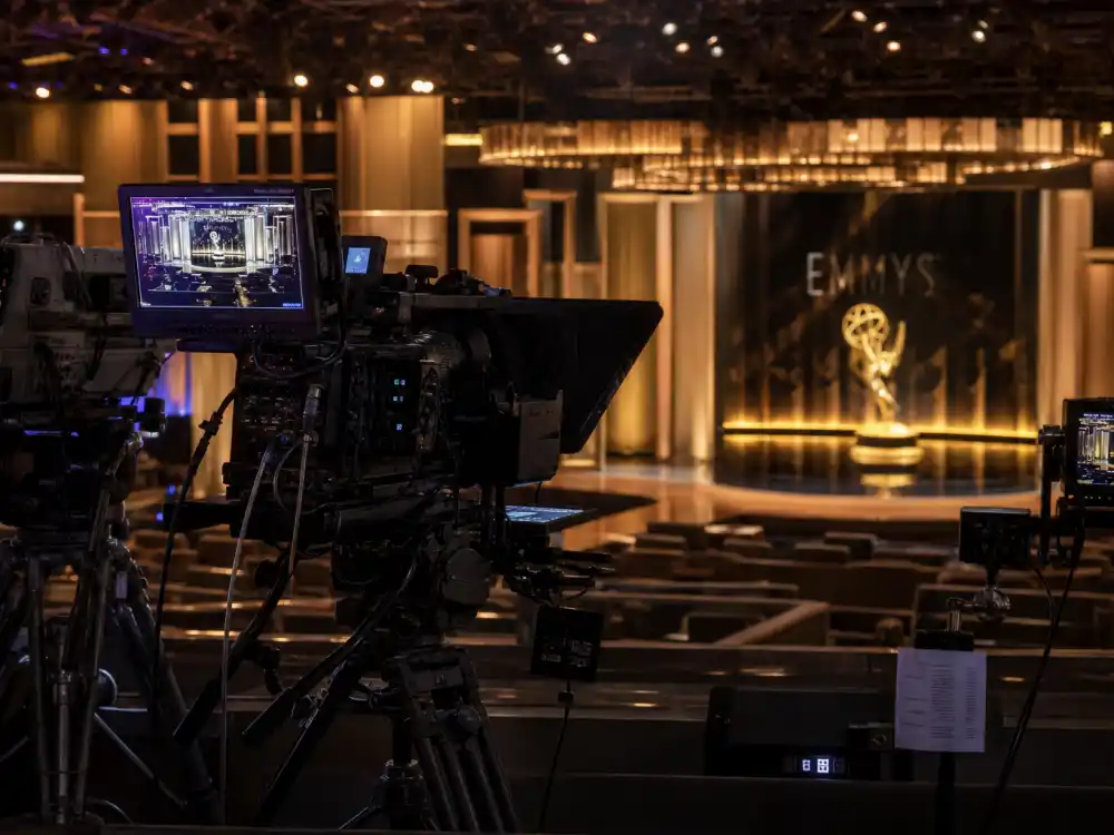 Television broadcast cameras covering who is hosting the Emmys 2026 at the NBC and Peacock live telecast from Peacock Theater