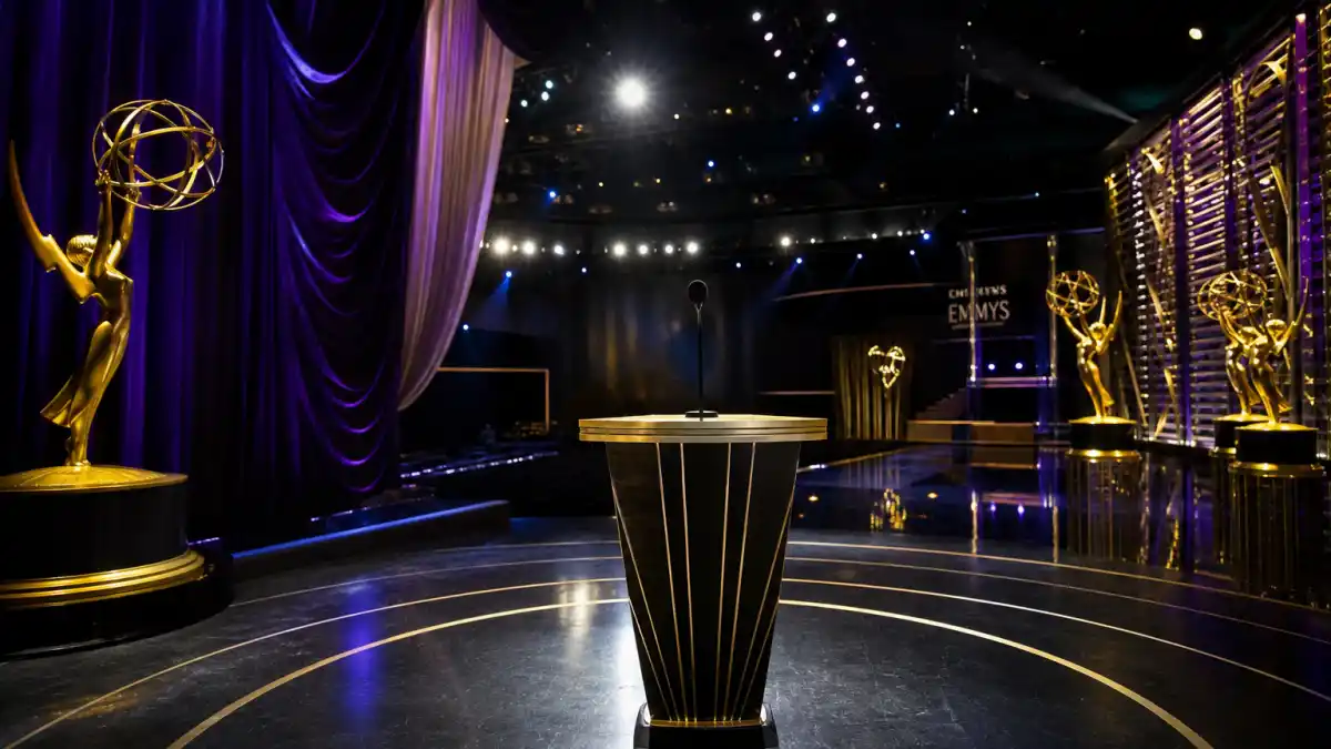 Who is hosting the Emmys 2026 — empty podium with microphone on Primetime Emmy Awards stage at Peacock Theater