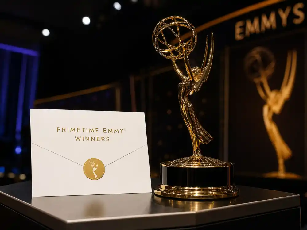 Winners envelope and golden Emmy statuette on podium during the ceremony where fans await who is hosting the Emmys 2026 on NBC