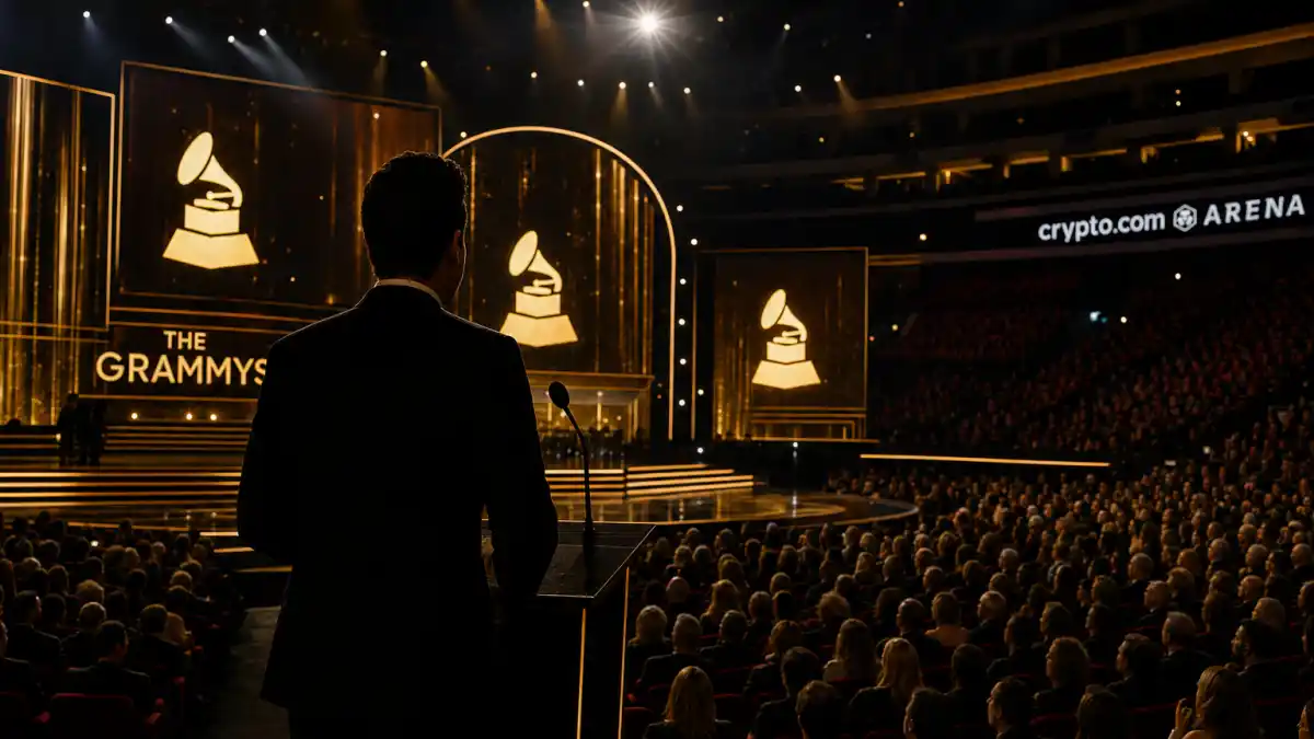 Who is hosting the Grammys 2026 — host silhouette at podium microphone on Grammy Awards stage at Crypto.com Arena