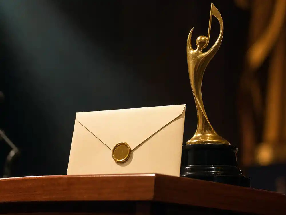 Winners envelope and golden statuette on podium during the ceremony where Trevor Noah hosted after fans asked who is hosting the Grammys 2026
