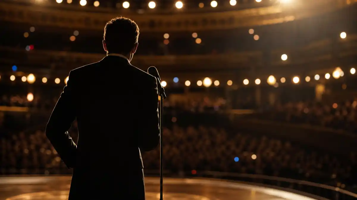 Who is hosting the Oscars 2026 — host silhouette at stage microphone under spotlights at the 98th Academy Awards