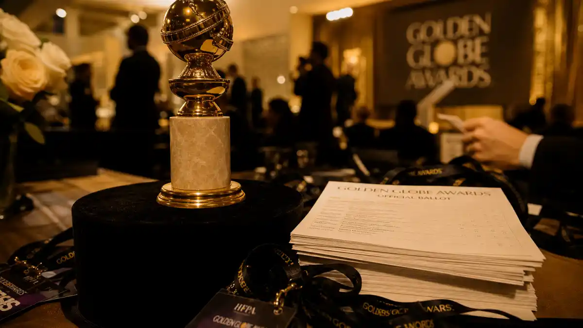 Who votes for the Golden Globes now — Golden Globe statuette beside official ballots and HFPA press credentials on an awards table