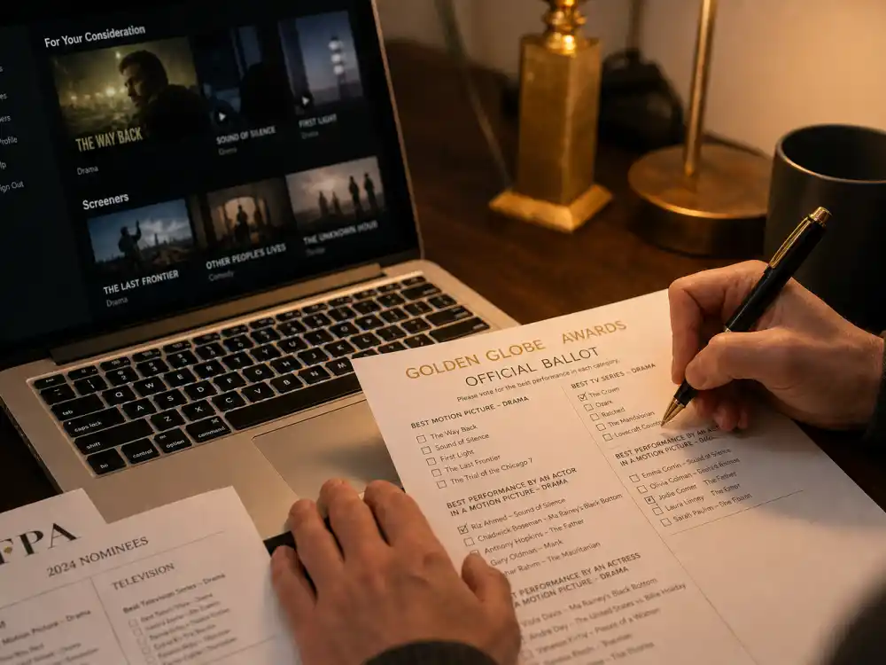 Ballots and streaming screeners illustrate the voting process behind who votes for the Golden Globes now each awards season