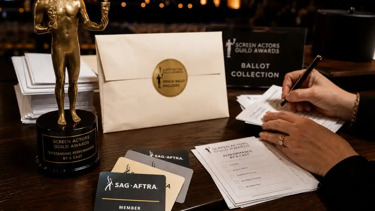 Who votes for the SAG Awards — golden Actor statuette beside SAG-AFTRA membership cards and official ballots on an awards administration table