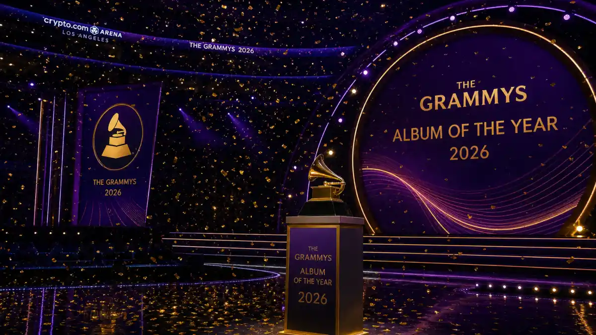 Who won album of the year Grammys 2026 — Crypto.com Arena stage with golden confetti at the 68th Annual Grammy Awards ceremony
