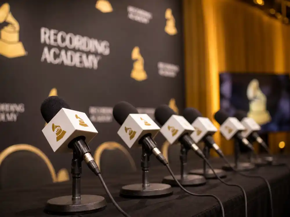 Press room microphones where who won album of the year Grammys 2026 honorees answered questions after the February 1 telecast
