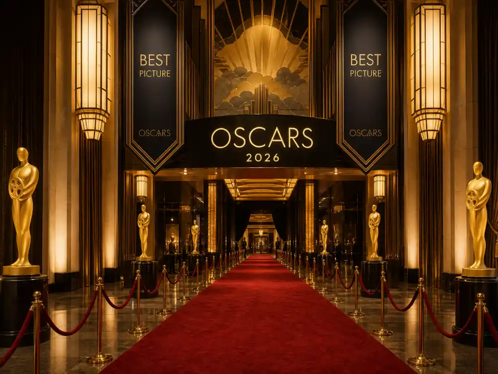 Grand theatre lobby atmosphere for who won best picture at Oscars 2026 Academy Awards ceremony night