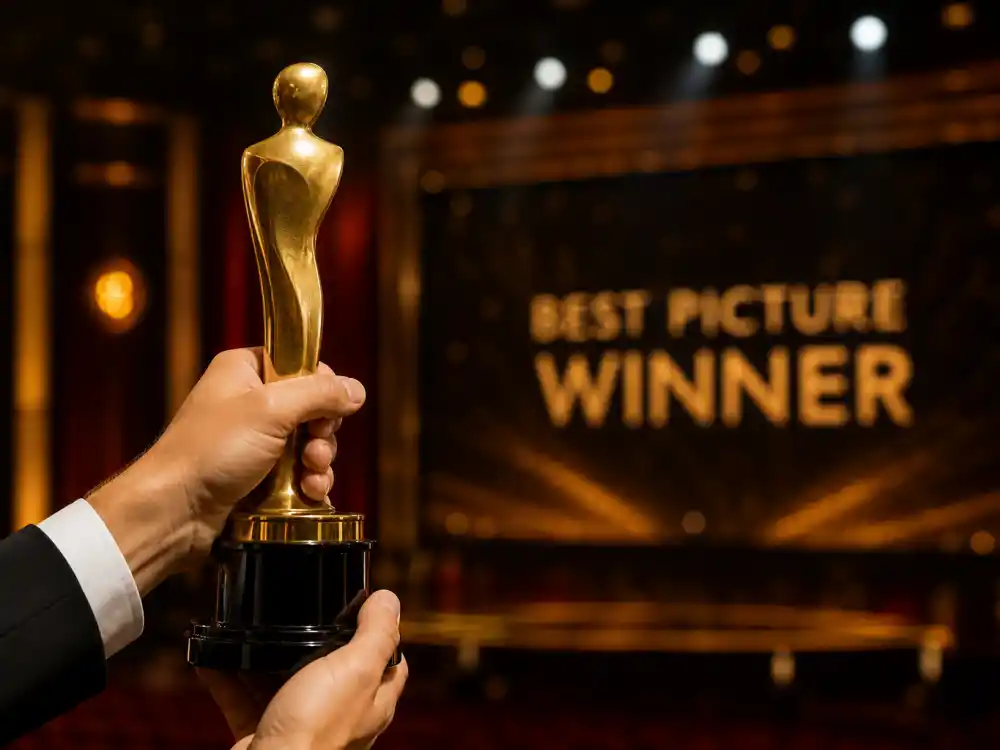 Golden film award trophy detail symbolizing who won best picture at Oscars 2026 on ceremony night
