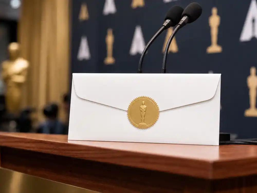 Formal nominations envelope on podium evoking how who won best picture at Oscars 2026 was decided by Academy voters