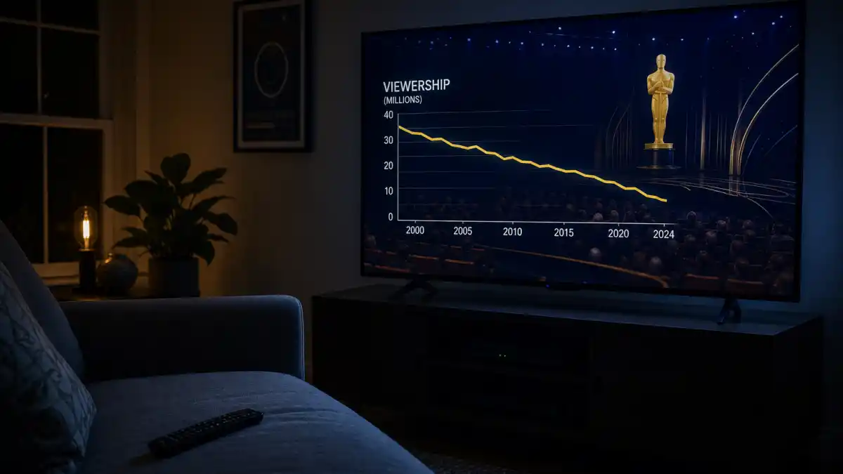 Why award show ratings are declining — living room TV displaying downward viewership chart beside golden trophy silhouette during empty couch viewing